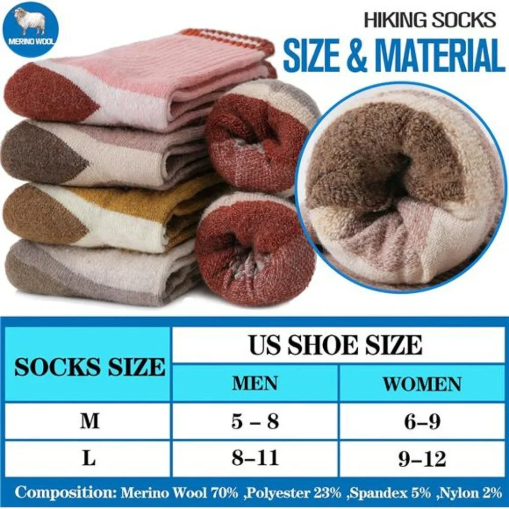 5 Pairs Merino Wool Hiking Thermal Winter Socks